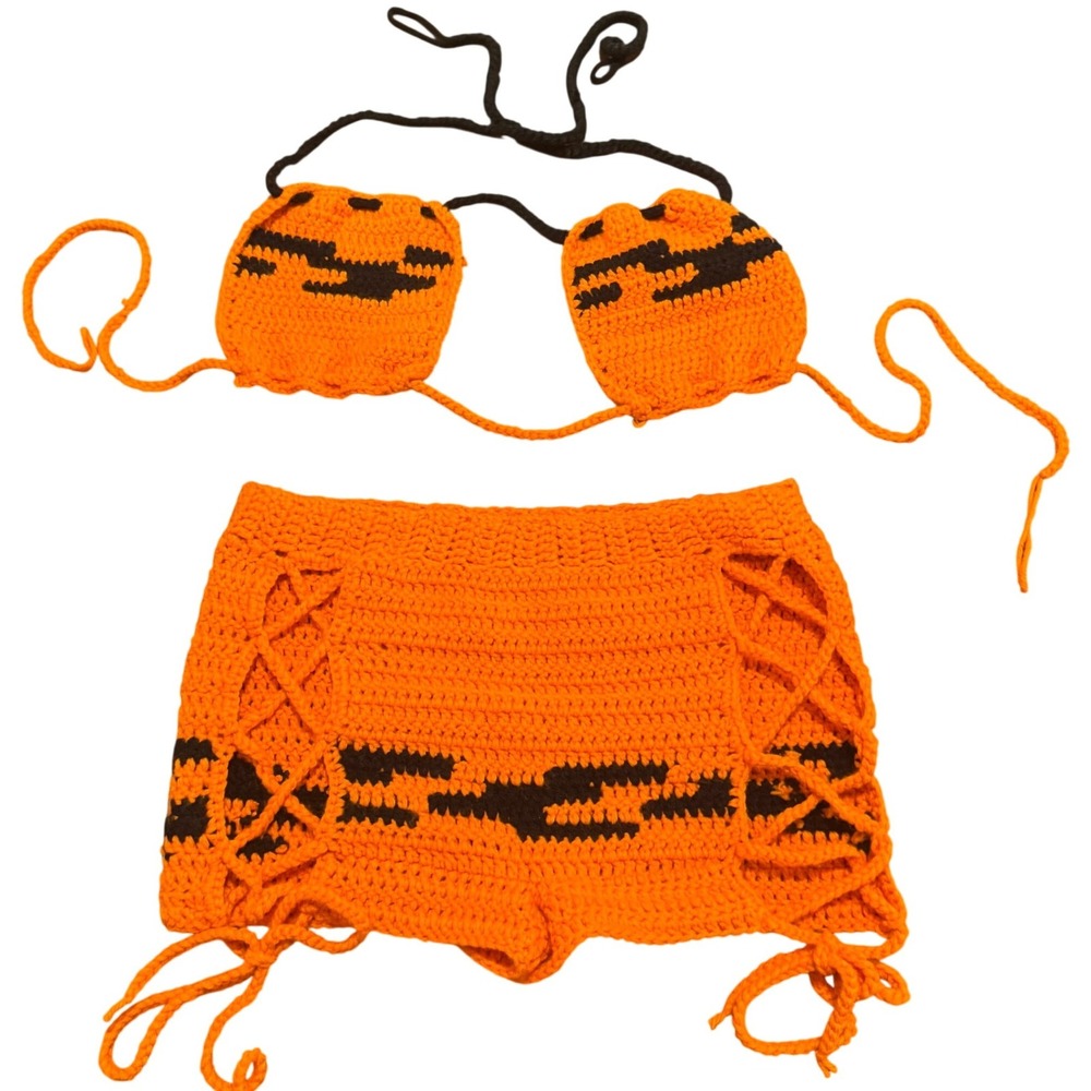 Handmade Crochet Lace Up Cheeky 2 Piece Festival Set Halloween Rave Sexy Pumpkin